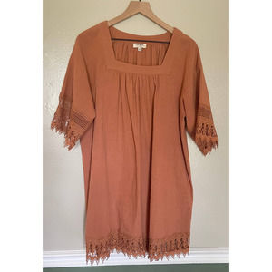 🛍️UMGEE Boho Square Neck Lace Trimmed Tunic Dress Rust Orange Size Medium🛍️